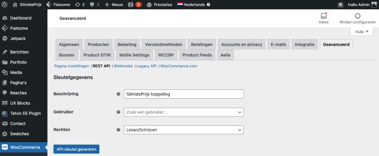 Woocommerce stap 5 API sleutel genereren